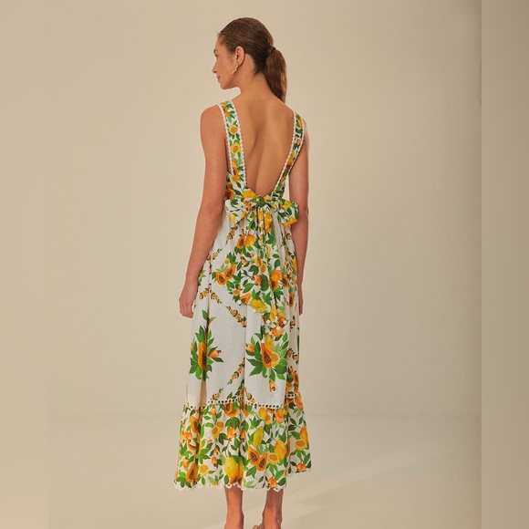 Farm Rio Papaya Salad Scarf Tie Back Midi Dress NWT - Picture 9 of 16